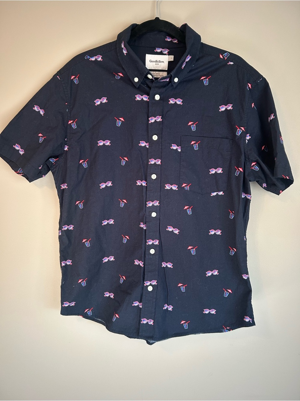 Goodfellow & Co Men's Navy Short-Sleeve Button-Up Shirt - Sunglasses Print